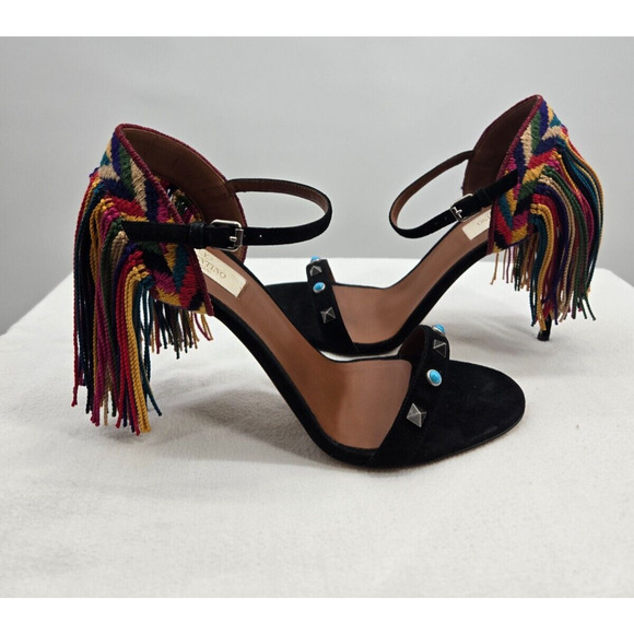 VALENTINO Rockstud Rolling Fringed Suede Stilleto Sandals EU 38.5‎ US 8.5Heels - Picture 1 of 13
